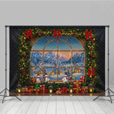 Lofaris Christmas Window Photography Backdrop with Snowy Village View Snowmen and Garland Holiday Photo Background