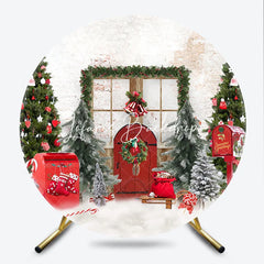 Lofaris Christmas Winter Wonderland Round Backdrop Decorated Trees Red Door and Snow Festive Holiday Party Decor