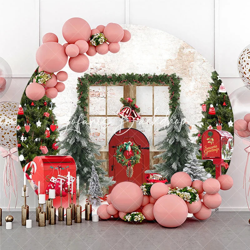 Lofaris Christmas Winter Wonderland Round Backdrop Decorated Trees Red Door and Snow Festive Holiday Party Decor