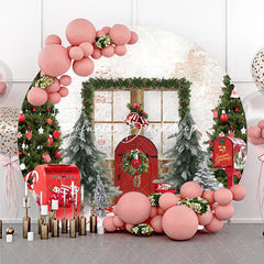 Lofaris Christmas Winter Wonderland Round Backdrop Decorated Trees Red Door and Snow Festive Holiday Party Decor
