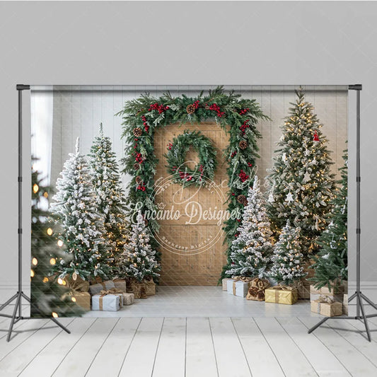 Lofaris Christmas Wood Door Photography Backdrop Flocked Trees with Red Berry Garland Rustic Holiday Mini Session Background