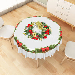 Lofaris Christmas Wreath Round Tablecloth with Red Bows and Bells Simple White Holiday Dining Table Decor
