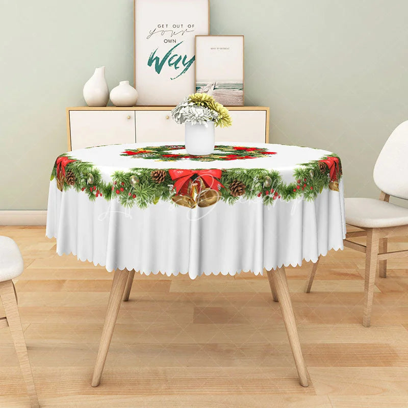 Lofaris Christmas Wreath Round Tablecloth with Red Bows and Bells Simple White Holiday Dining Table Decor