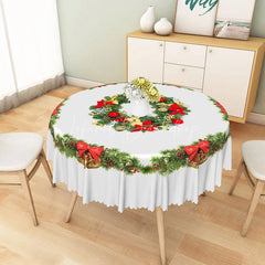 Lofaris Christmas Wreath Round Tablecloth with Red Bows and Bells Simple White Holiday Dining Table Decor
