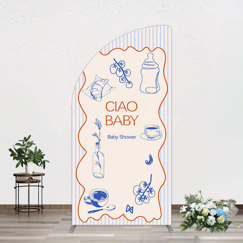 Lofaris Ciao Baby Blue Stripe Gender Reveal Half Moon Arch Backdrop