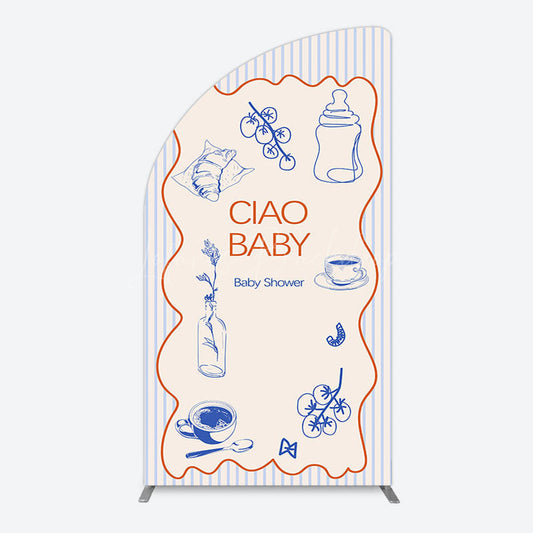 Lofaris Ciao Baby Blue Stripe Gender Reveal Half Moon Arch Backdrop