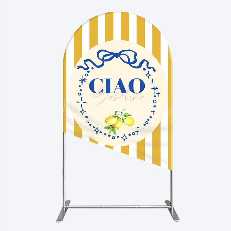 Lofaris Ciao Bambina Italian Themed Arch Backdrop for Baby Shower Lemon and Blue Bow with Yellow Stripes Positano Decor