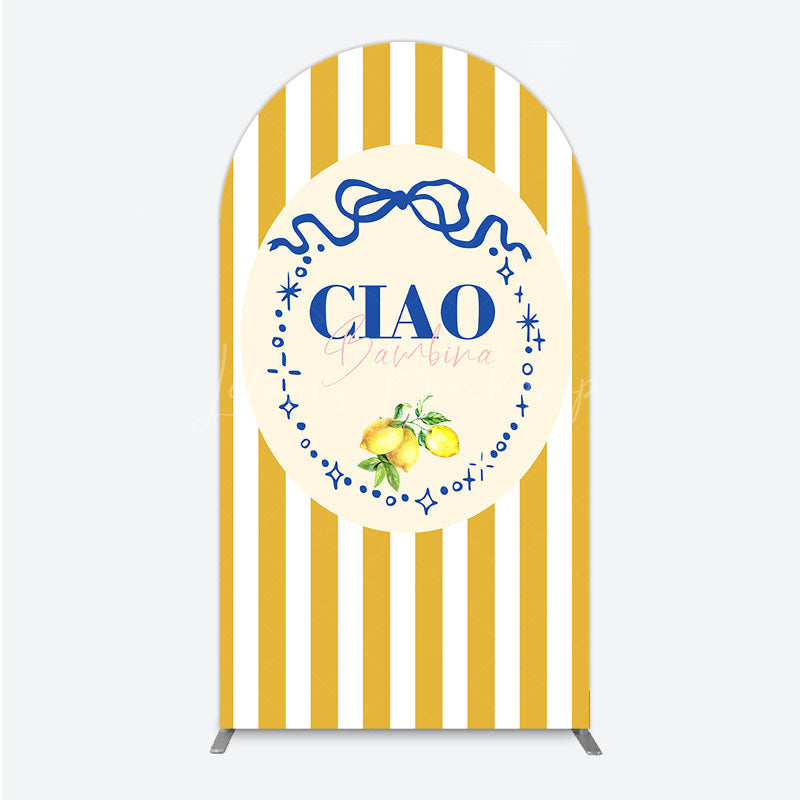Lofaris Ciao Bambina Italian Themed Arch Backdrop for Baby Shower Lemon and Blue Bow with Yellow Stripes Positano Decor