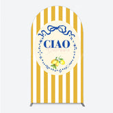 Lofaris Ciao Bambina Italian Themed Arch Backdrop for Baby Shower Lemon and Blue Bow with Yellow Stripes Positano Decor
