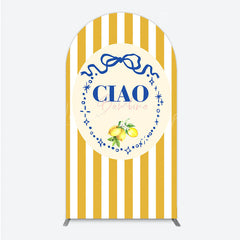Lofaris Ciao Bambina Italian Themed Arch Backdrop for Baby Shower Lemon and Blue Bow with Yellow Stripes Positano Decor