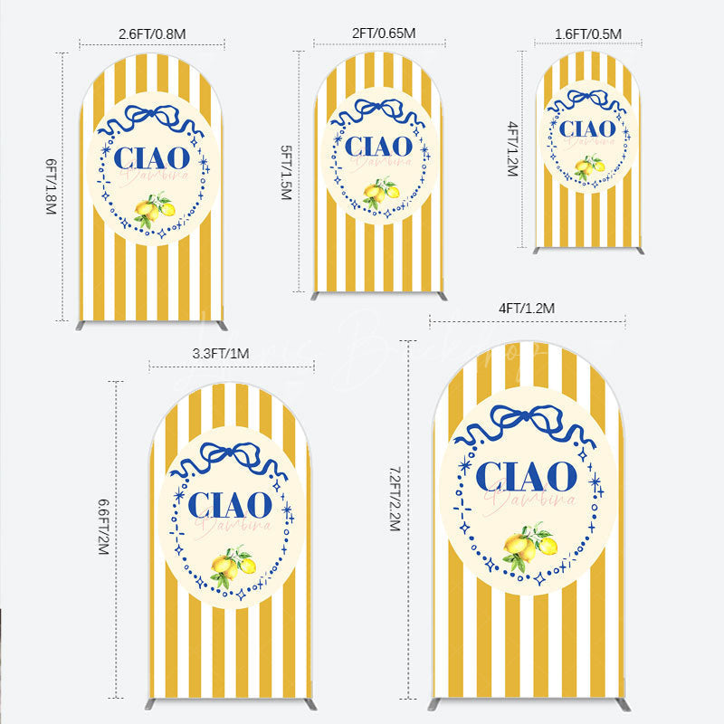 Lofaris Ciao Bambina Italian Themed Arch Backdrop for Baby Shower Lemon and Blue Bow with Yellow Stripes Positano Decor