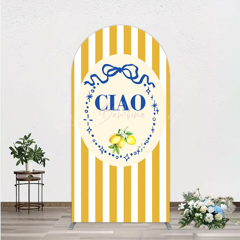 Lofaris Ciao Bambina Italian Themed Arch Backdrop for Baby Shower Lemon and Blue Bow with Yellow Stripes Positano Decor