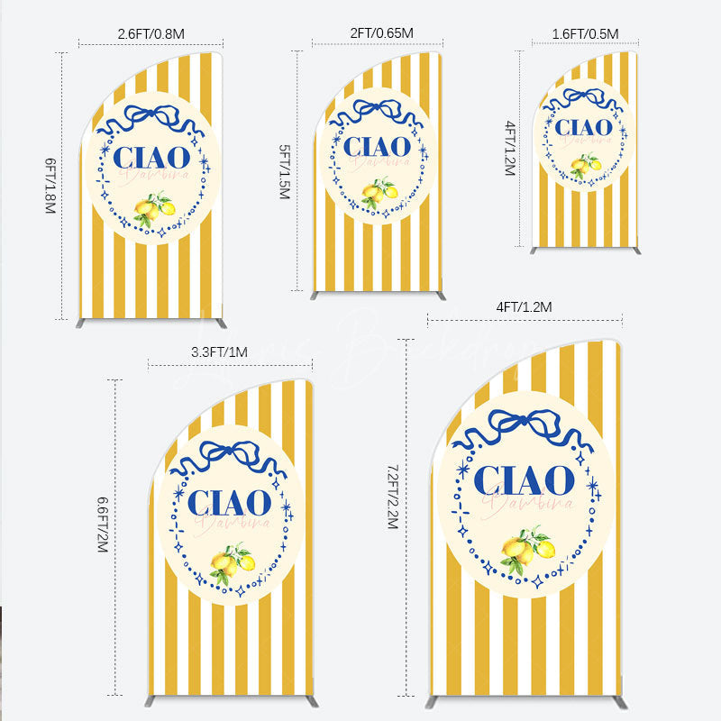 Lofaris Ciao Bambina Italian Themed Half Moon Arch Backdrop for Baby Shower Lemon and Blue Bow with Yellow Stripes Positano Decor