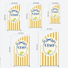 Lofaris Ciao Bambina Italian Themed Half Moon Arch Backdrop for Baby Shower Lemon and Blue Bow with Yellow Stripes Positano Decor