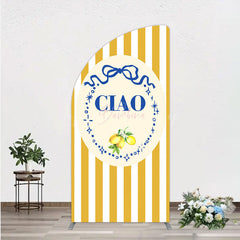 Lofaris Ciao Bambina Italian Themed Half Moon Arch Backdrop for Baby Shower Lemon and Blue Bow with Yellow Stripes Positano Decor