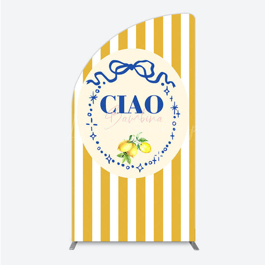 Lofaris Ciao Bambina Italian Themed Half Moon Arch Backdrop for Baby Shower Lemon and Blue Bow with Yellow Stripes Positano Decor