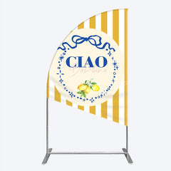 Lofaris Ciao Bambina Italian Themed Half Moon Arch Backdrop for Baby Shower Lemon and Blue Bow with Yellow Stripes Positano Decor