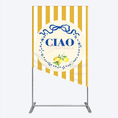Lofaris Ciao Bambina Italian Themed Rectangle Backdrop for Baby Shower Lemon and Blue Bow with Yellow Stripes Positano Decor