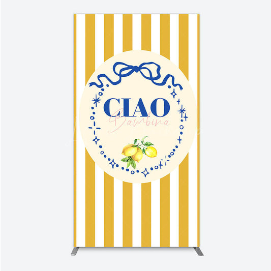 Lofaris Ciao Bambina Italian Themed Rectangle Backdrop for Baby Shower Lemon and Blue Bow with Yellow Stripes Positano Decor