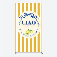 Lofaris Ciao Bambina Italian Themed Rectangle Backdrop for Baby Shower Lemon and Blue Bow with Yellow Stripes Positano Decor