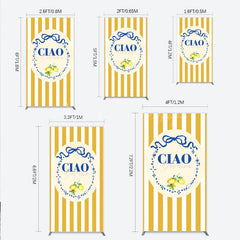 Lofaris Ciao Bambina Italian Themed Rectangle Backdrop for Baby Shower Lemon and Blue Bow with Yellow Stripes Positano Decor