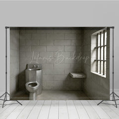 Lofaris Cinder Block Jail Cell Photography Backdrop Prison Room with Barred Window for Gritty Themed Photo Shoots