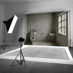 Lofaris Cinder Block Jail Cell Photography Backdrop Prison Room with Barred Window for Gritty Themed Photo Shoots