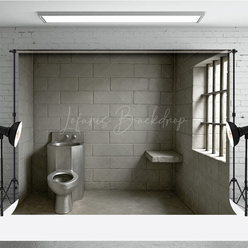 Lofaris Cinder Block Jail Cell Photography Backdrop Prison Room with Barred Window for Gritty Themed Photo Shoots