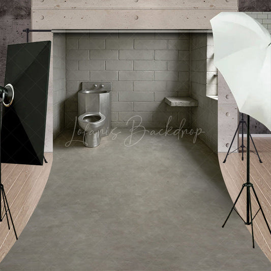 Lofaris Cinder Block Jail Cell Sweep Backdrop Prison Room with Barred Window for Gritty Themed Photo Shoots