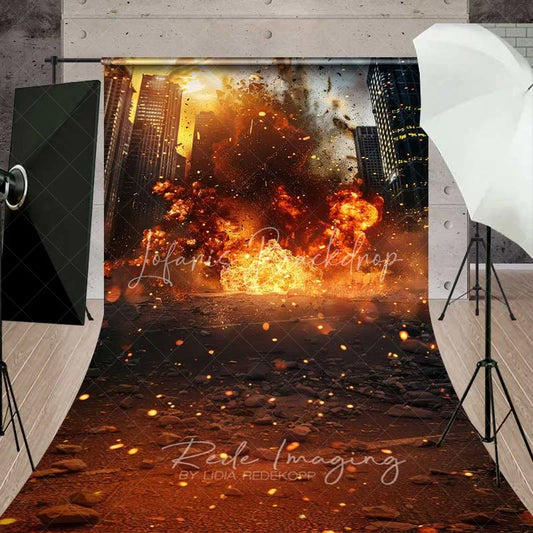 Lofaris City Explosion Sweep Backdrop Action Movie Fire Destruction Photography Floor Mat Superhero Battle Party Decoration