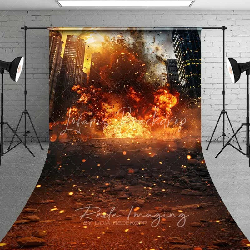 Lofaris City Explosion Sweep Backdrop Action Movie Fire Destruction Photography Floor Mat Superhero Battle Party Decoration