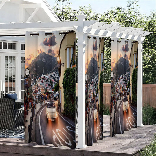 Lofaris City View Sunset Waterproof Printed Outdoor Curtains