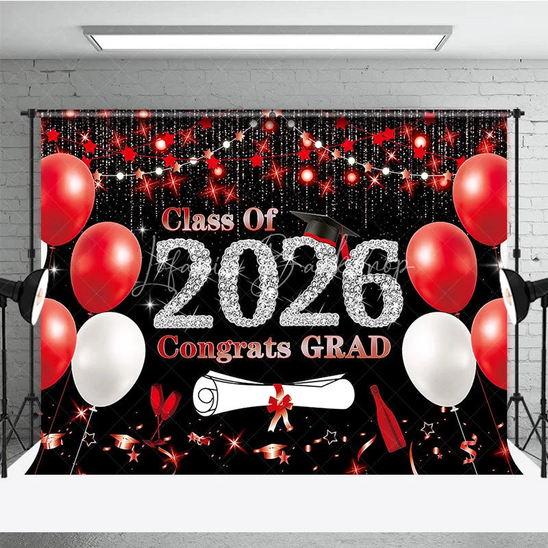 Lofaris Class of 2026 Graduation Backdrop Red and White Balloons Congrats Grad Diamond Text Photography Background