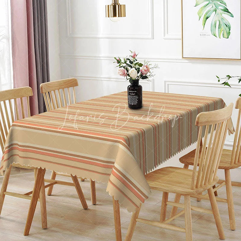 Lofaris Classic Beige Striped Rectangle Tablecloth Brown Line Pattern for Farmhouse Kitchen Dining Family Gathering