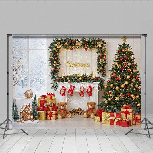 Lofaris Classic Christmas Fireplace Photography Backdrop Stockings Teddy Bears and Tree Holiday Photo Background
