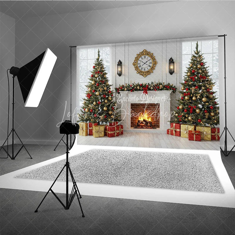 Lofaris Classic Christmas Fireplace Photography Backdrop White Mantle with Snowy Windows Holiday Mini Session Background