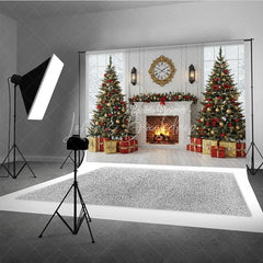 Lofaris Classic Christmas Fireplace Photography Backdrop White Mantle with Snowy Windows Holiday Mini Session Background