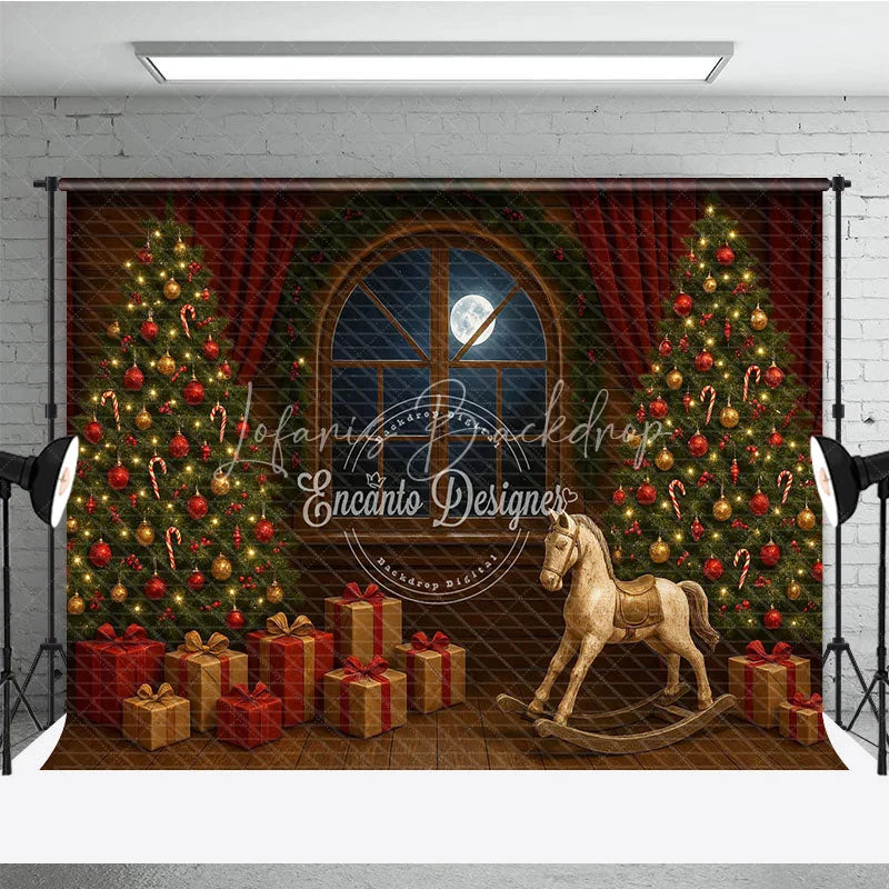 Lofaris Classic Christmas Toy Room Photography Backdrop Rocking Horse by the Full Moon Holiday Mini Session Background