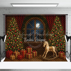 Lofaris Classic Christmas Toy Room Photography Backdrop Rocking Horse by the Full Moon Holiday Mini Session Background