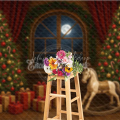 Lofaris Classic Christmas Toy Room Photography Backdrop Rocking Horse by the Full Moon Holiday Mini Session Background