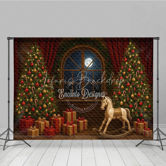 Lofaris Classic Christmas Toy Room Photography Backdrop Rocking Horse by the Full Moon Holiday Mini Session Background