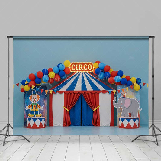 Lofaris Classic Circus Cake Smash Photography Backdrop Red Blue and Yellow Big Top Tent First Birthday Photo Prop for Boy