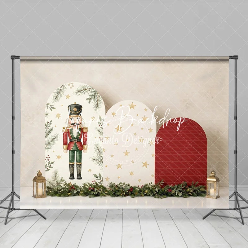 Lofaris Classic Nutcracker and Golden Stars Holiday Backdrop Festive Christmas Arch Panels with Garland Decor