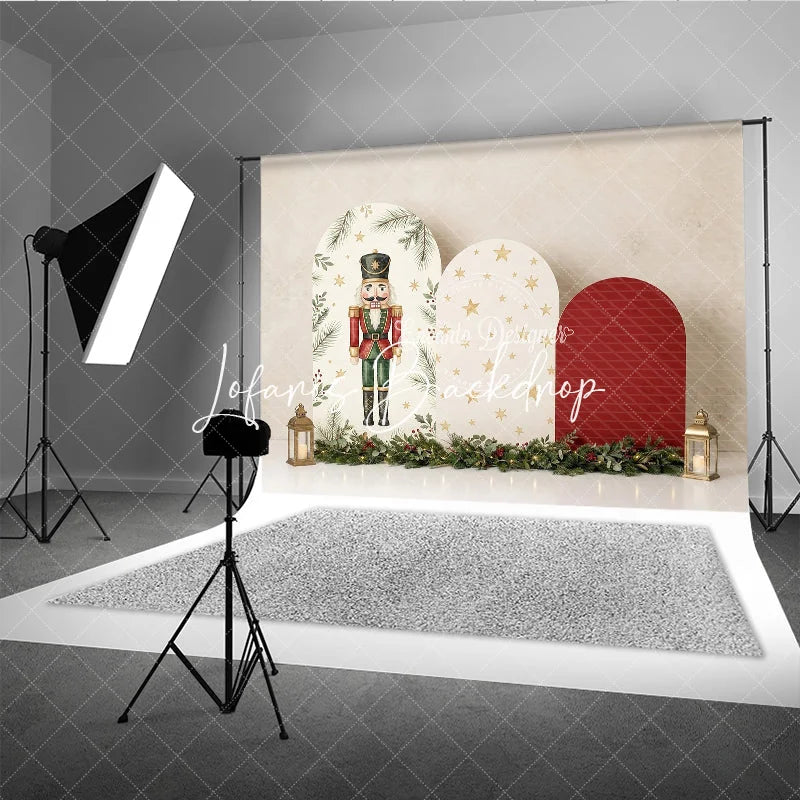 Lofaris Classic Nutcracker and Golden Stars Holiday Backdrop Festive Christmas Arch Panels with Garland Decor