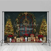 Lofaris Classic Red Christmas Window Photography Backdrop Poinsettia Garland with Trees Elegant Holiday Photo Background