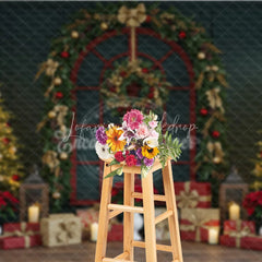 Lofaris Classic Red Christmas Window Photography Backdrop Poinsettia Garland with Trees Elegant Holiday Photo Background