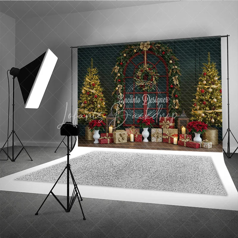 Lofaris Classic Red Christmas Window Photography Backdrop Poinsettia Garland with Trees Elegant Holiday Photo Background