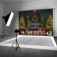 Lofaris Classic Red Christmas Window Photography Backdrop Poinsettia Garland with Trees Elegant Holiday Photo Background