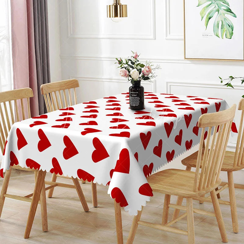 Lofaris Classic Red Heart Scatter Rectangle Tablecloth Bold Love Pattern on White Valentine Anniversary Party Decor
