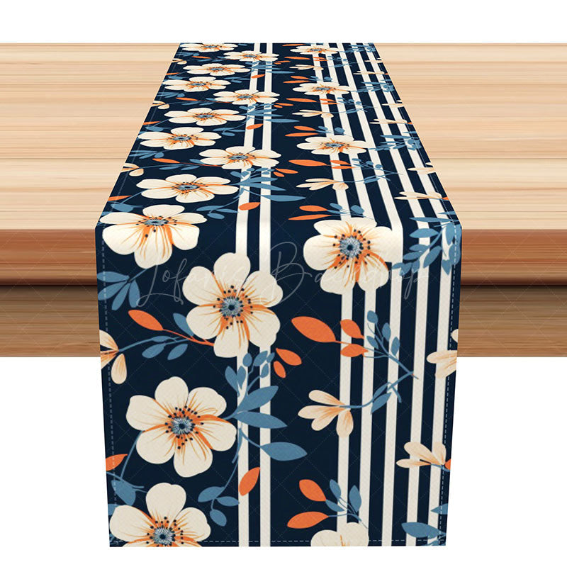 Lofaris Classic Stripe and Floral Table Runner in Navy Blue for Traditional Dining Room Holiday Decor